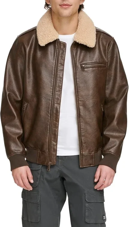 Men’s Faux Leather Aviator Bomber Jacket with Sherpa-Lined Collar