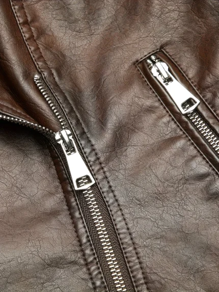 Men’s Vintage Leather Biker Jacket with Adjustable Waist Belt & Zip