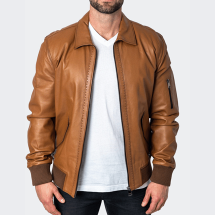 Men’s Classic Collar Real Leather Brown Jacket – Timeless Outerwear