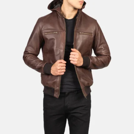 Classic Brown Hood Leather Bomber Jacket