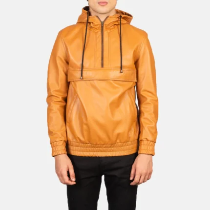Men’s Hooded Brown Leather Pullover Jacket