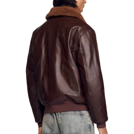 Men’s Dark Brown Leather Bomber Jacket with Shearling Collar