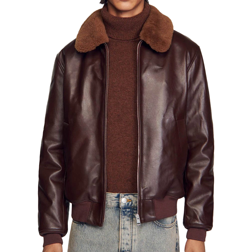 Men’s Dark Brown Leather Bomber Jacket with Shearling Collar