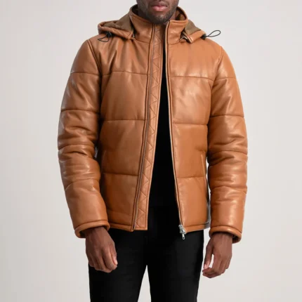 Tan Hooded Sheepskin Leather Puffer Jacket