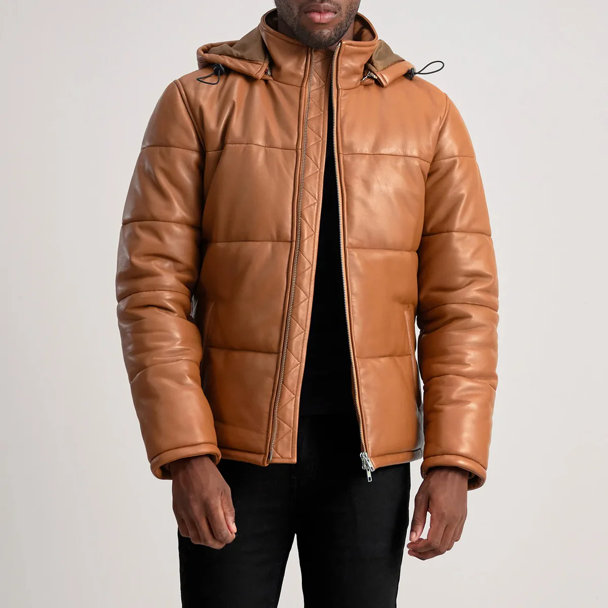 Tan Hooded Sheepskin Leather Puffer Jacket