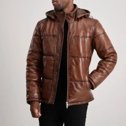 Waxed Brown Hooded Leather Puffer Jacket
