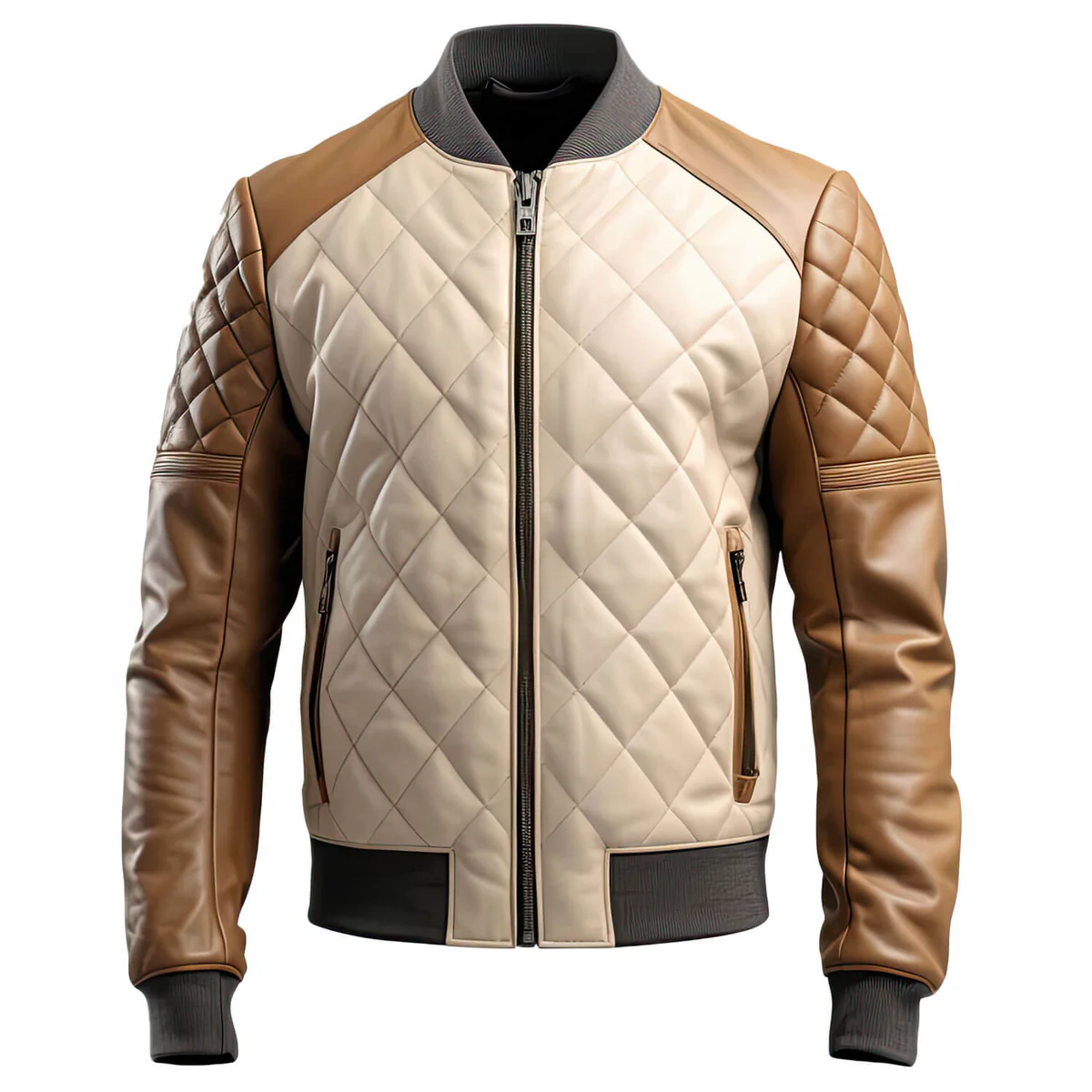 Men’s Brown Beige Quilted Bomber Leather Jacket