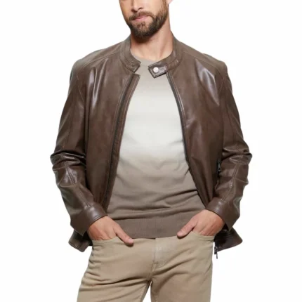 Men’s Chocolate Brown Cafe Racer Leather Jacket – Classic Biker Style