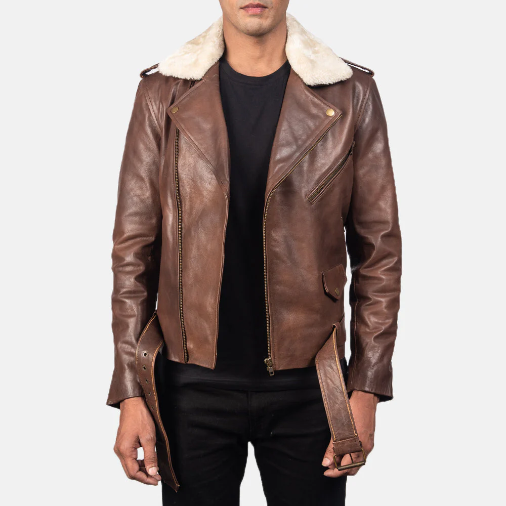 Fur Collar Brown Leather Biker Jacket – Men’s Vintage Moto Style