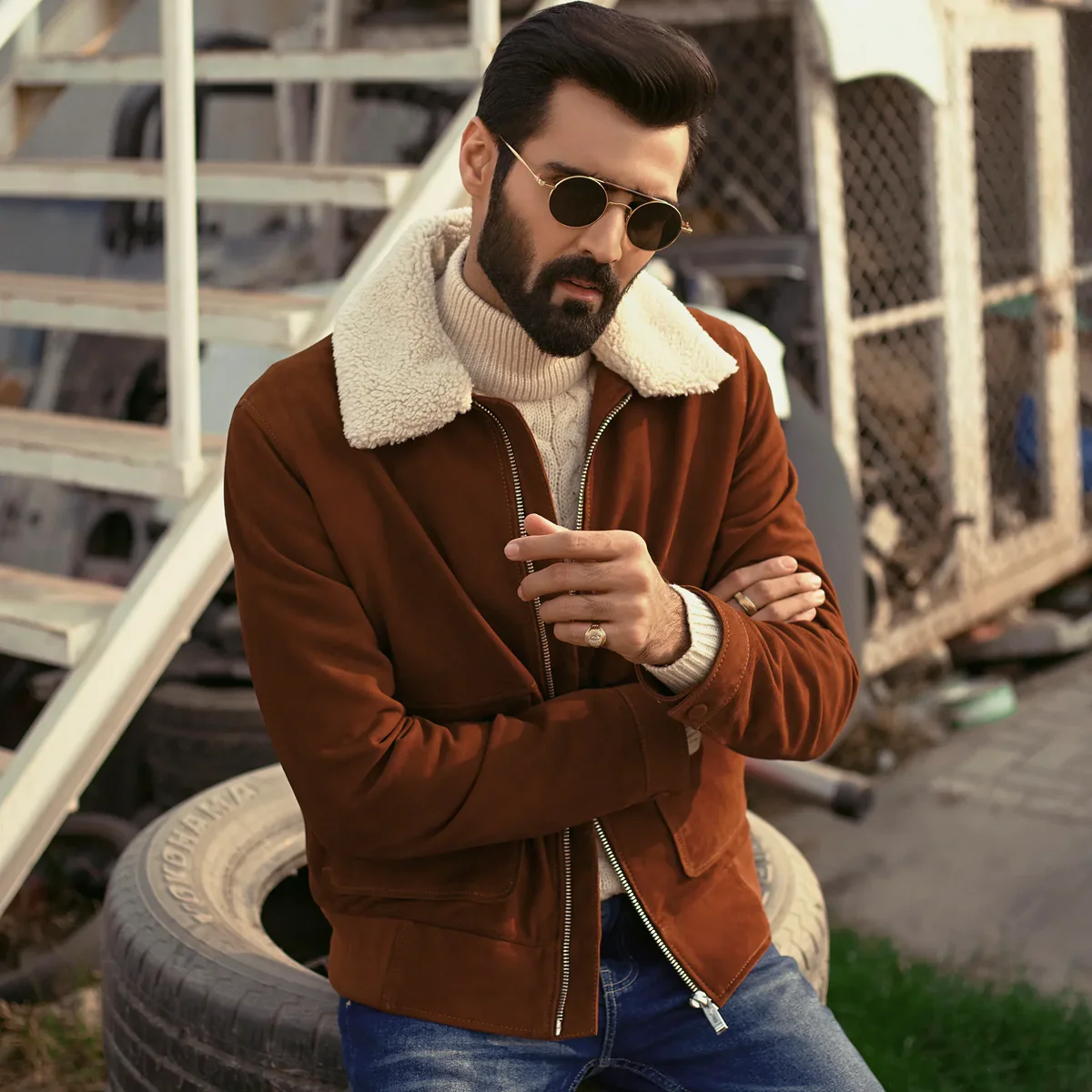 Men’s Suede Leather Bomber Jacket – Classic Casual Streetwear