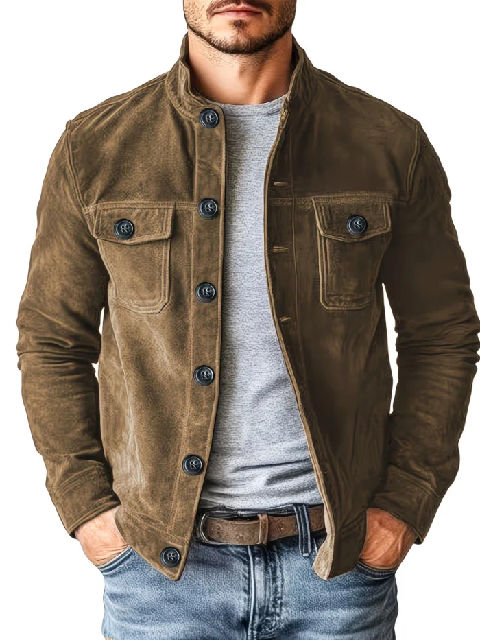 Men’s Casual Suede Leather Jacket with Pockets & Stand Collar