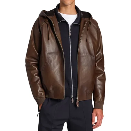 Brown Street Wear Men’s Leather Bomber Jacket – B-Way Hooded Style