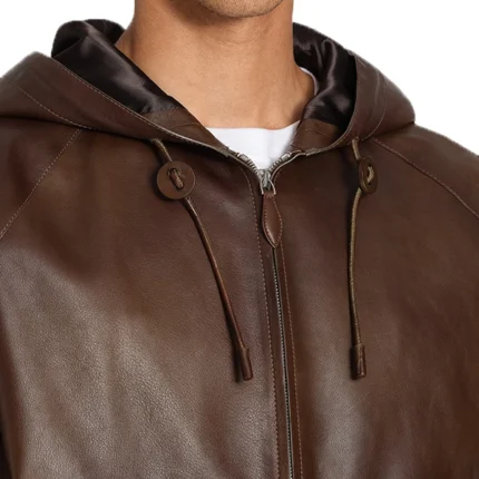 Brown Street Wear Men’s Leather Bomber Jacket – B-Way Hooded Style