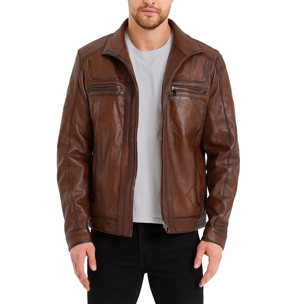 Men’s Waxed Bomber Brown Leather Jacket – Classic Rugged Outerwear