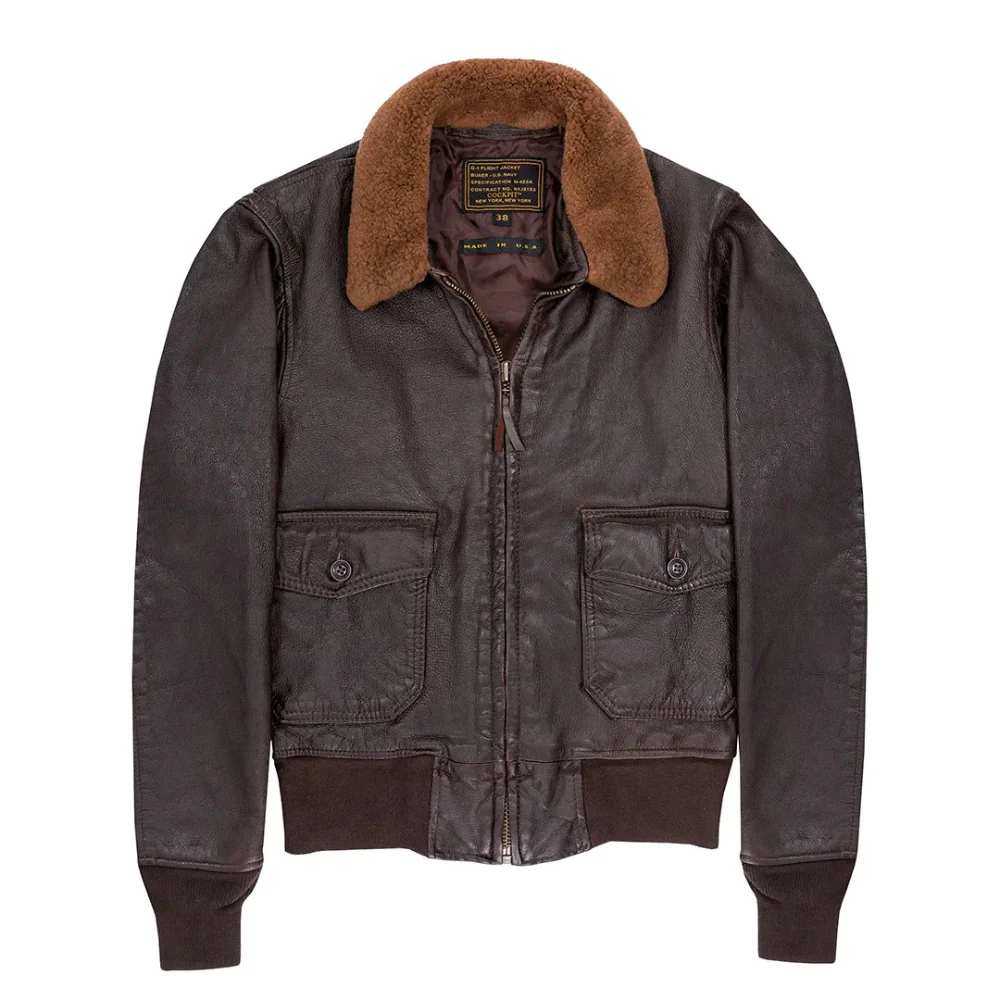 Men’s Brown Cockpit Flight Shearling Collar Leather Jacket