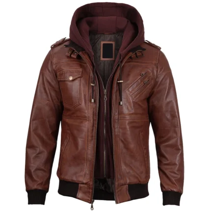 Men’s Brown Real Leather Jacket with Detachable Hood