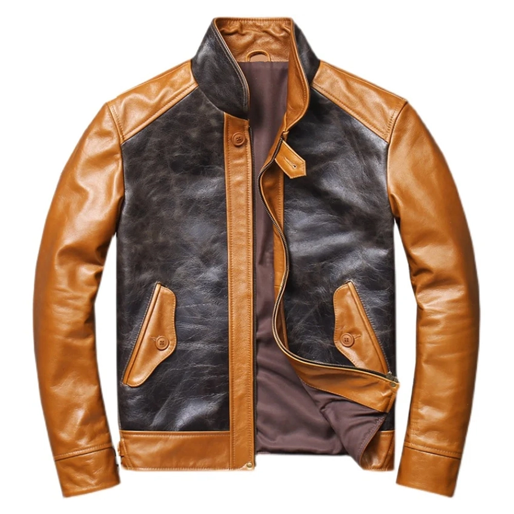Men’s Brown and Black Vintage Leather Jacket – Retro Biker Style