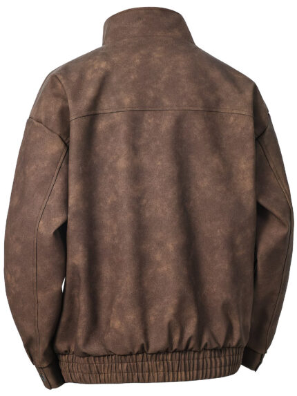 Men’s Brown Suede Leather Jacket with Stand Collar & Zip