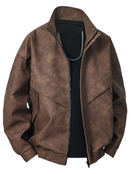 Men’s Brown Suede Leather Jacket with Stand Collar & Zip