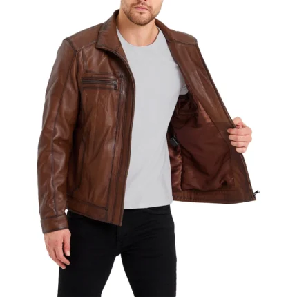 Men’s Waxed Bomber Brown Leather Jacket – Classic Rugged Outerwear