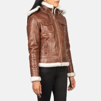 Fiona Brown Hooded Shearling Leather Jacket – Women’s Premium Winter Outerwear