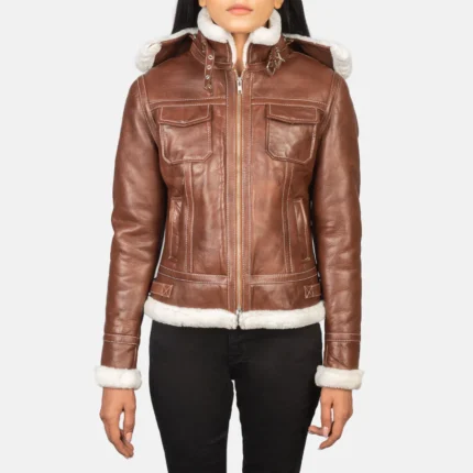 Fiona Brown Hooded Shearling Leather Jacket – Women’s Premium Winter Outerwear