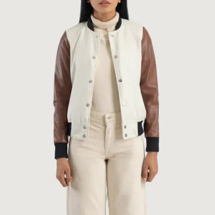 Savant White & Brown Hybrid Varsity Jacket – Classic College Style