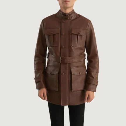 belted neck brown leather jacket