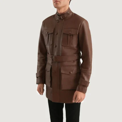 belted neck brown leather jacket side