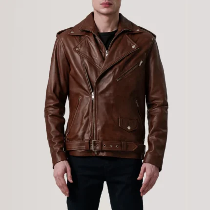 biker brown leather jacket front