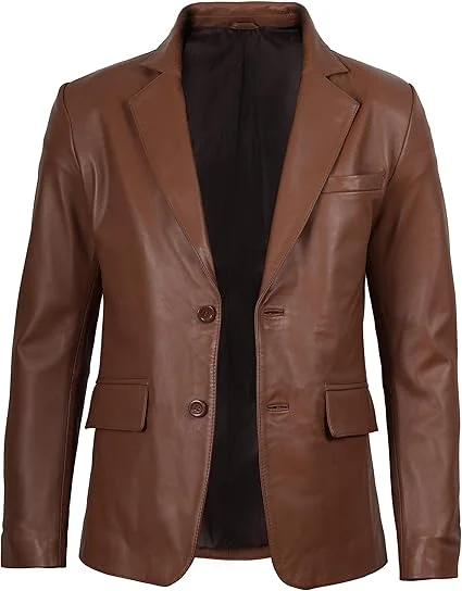 brown casual men leather jacket coat front