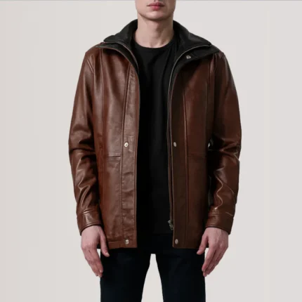 brown leather coat