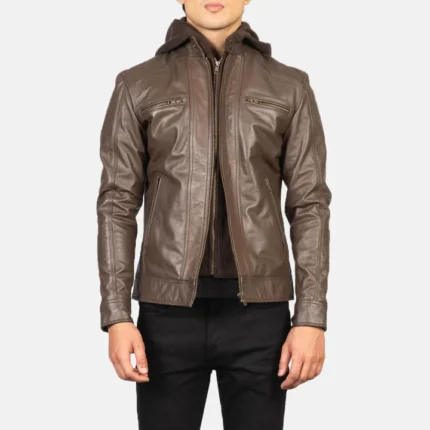 brown leather jacket hooded
