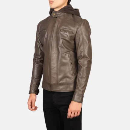 brown leather jacket hooded side