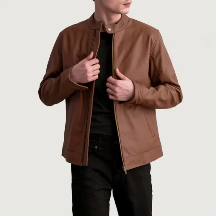 brown leather moto jacket