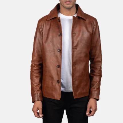 buttoned style brown leather jacket