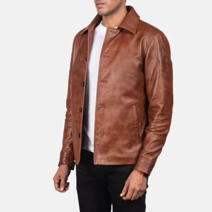 buttoned style brown leather jacket side