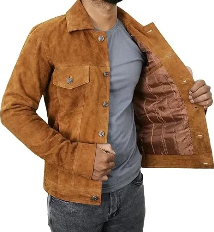 camel brown suede leather trucker jacket inside