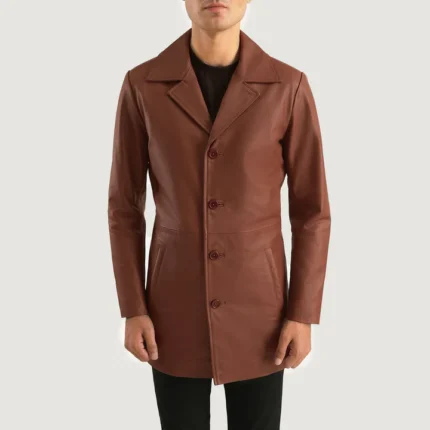 classy brown leather coat front