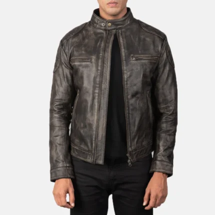 distressed biker brown leather jacket