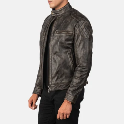 distressed biker brown leather jacket side