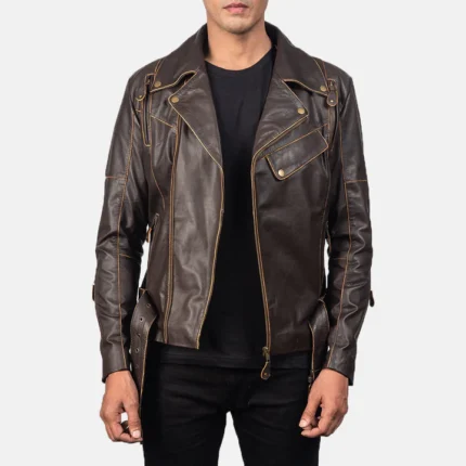 distressed brown leather biker jacket