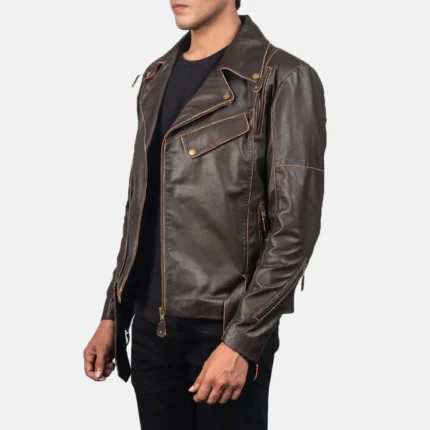 distressed brown leather biker jacket side