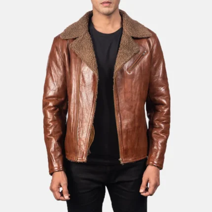 faux fur collar brown leather jacket
