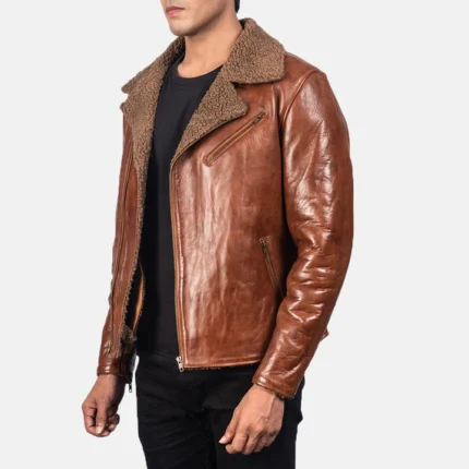 faux fur collar brown leather jacket side