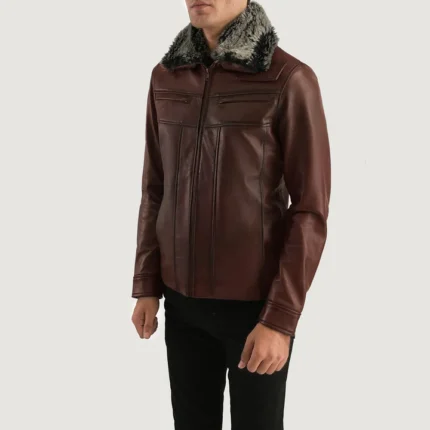 fur collar brown leather jacket side