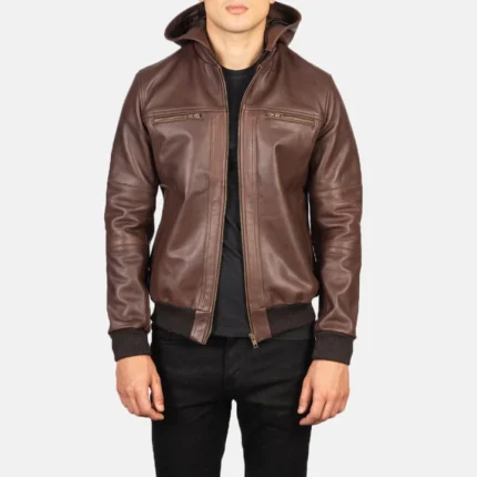 hooded bomber leather jacket