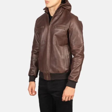 hooded bomber leather jacket side