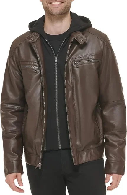 hooded brown leather jacket