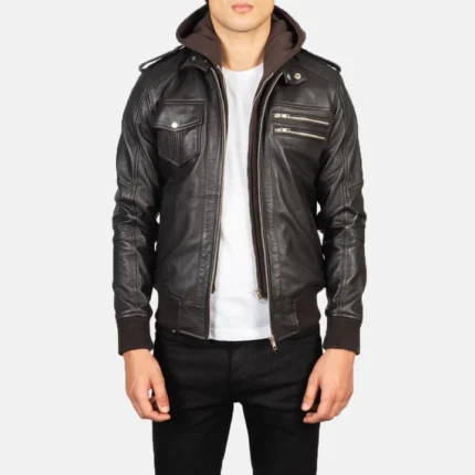 hooded brown leather jacket